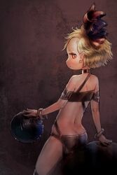 Rule 34 | 1girl, absurdres, blonde hair, butt crack, colored eyelashes, commentary request, earrings, flat chest, hair ribbon, highres, jewelry, looking at viewer, pointy ears, red eyes, red ribbon, ribbon, rumia, short hair, solo, stud earrings, touhou, yst
