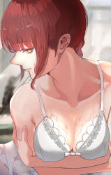 Rule 34 | 1girl, arms under breasts, braid, braided ponytail, breasts, chainsaw man, highres, lingerie, makima (chainsaw man), medium breasts, red hair, ringed eyes, smirk, sweat, sweatdrop, underwear, wave watery, yellow eyes