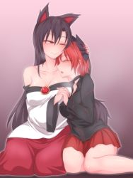 Rule 34 | 2girls, animal ears, black hair, black shirt, blouse, blush, bow, breasts, breath, brooch, choker, cleavage, closed eyes, collarbone, collared shirt, commentary request, dress, gradient background, hair between eyes, hair bow, half-closed eye, hand on another&#039;s head, hip focus, imaizumi kagerou, interlocked fingers, jewelry, kuroba rapid, layered dress, legs, long hair, long sleeves, looking at another, medium breasts, miniskirt, multiple girls, nail polish, off-shoulder dress, off shoulder, one eye closed, open collar, open mouth, pink background, purple background, red dress, red eyes, red hair, red nails, red skirt, seiza, sekibanki, shiny skin, shirt, sitting, skirt, smile, tail, thighs, touhou, uneven eyes, very long hair, white dress, white shirt, wide sleeves, wolf ears, wolf tail, yokozuwari, yuri