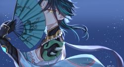 Rule 34 | 1boy, arm guards, bead necklace, beads, black gloves, black hair, covered mouth, detached sleeves, eyes visible through hair, facial mark, folding fan, forehead mark, from side, genshin impact, gloves, gradient background, green hair, hand fan, highres, holding, holding fan, jewelry, light particles, long hair, looking at viewer, male focus, multicolored hair, necklace, one eye covered, parted bangs, shoulder pads, shoulder spikes, simple background, solo, spikes, xiao (genshin impact), yellow eyes, yumoku