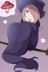 Rule 34 | 10s, 1girl, broom, broom riding, collared shirt, dress, gomashi (goma), hair over one eye, half-closed eyes, hands on own cheeks, hands on own face, highres, imagining, light purple hair, little witch academia, long dress, long hair, mushroom, necktie, pale skin, pink hair, purple background, red eyes, shirt, simple background, sitting, skull, smile, solo, sucy manbavaran, thought bubble, witch