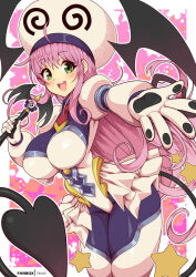 Rule 34 | 1girl, bodysuit, border, breasts, cowboy shot, demon tail, demon wings, gloves, green eyes, hat, impossible clothes, lala satalin deviluke, large breasts, long hair, looking at viewer, open mouth, outline, pink background, pink hair, smile, solo, standing, star (symbol), tail, teeth, to love-ru, tongue, upper teeth only, virus-g, white border, white gloves, white hat, white outline, wings
