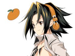 Rule 34 | 1boy, asakura yoh, black hair, closed mouth, commentary request, copyright request, food, from side, fruit, grey shirt, headphones, jewelry, male focus, mandarin orange, necklace, open clothes, open shirt, parted bangs, shaman king, shirt, simple background, smile, solo, tooth necklace, ulrich (tagaragakuin), upper body, white background, wing collar