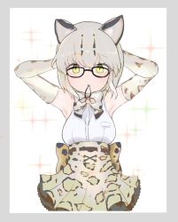 Rule 34 | 10s, 1girl, animal ears, arms behind head, back bow, bad id, bad twitter id, bare shoulders, belt, blonde hair, bow, bowtie, cat ears, commentary request, dnsdltkfkd, elbow gloves, frilled skirt, frills, glasses, gloves, hairband in mouth, kemono friends, korean commentary, margay (kemono friends), margay print, multicolored hair, short hair, skirt, sleeveless, solo, yellow eyes