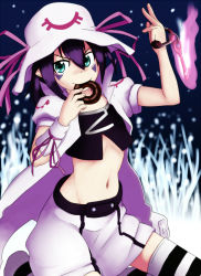 Rule 34 | 1girl, doughnut, female focus, fire, food, green eyes, hat, kama iruka, key, merry nightmare, midriff, mouth hold, navel, plant, pointy ears, purple hair, short hair, skirt, smile, solo, striped clothes, striped thighhighs, thighhighs, yumekui merry