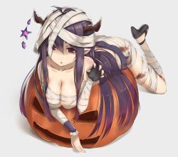 Rule 34 | 1girl, ass, bandaged head, bandages, bare shoulders, black footwear, blood, breasts, claw pose, cleavage, collarbone, danua, full body, granblue fantasy, grey background, halloween, high heels, horn ornament, horns, jack-o&#039;-lantern, long hair, looking at viewer, lying, naked bandage, on stomach, pointy ears, pumpkin, purple hair, red eyes, reinama, simple background, solo, very long hair