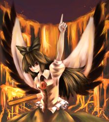 Rule 34 | 1girl, arm cannon, arm up, bad id, bad pixiv id, black bow, bow, brown hair, female focus, highres, long hair, lava, parsley-f, pointing, reiuji utsuho, skirt, solo, touhou, weapon, wings