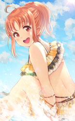 Rule 34 | 1girl, :d, ahoge, alternate hairstyle, beach, bikini, bikini skirt, blush, commentary request, cowengium, day, from side, knee up, looking at viewer, love live!, love live! sunshine!!, open mouth, orange hair, outdoors, ponytail, red eyes, sidelocks, sitting, smile, solo, splashing, swimsuit, takami chika, thigh strap, water