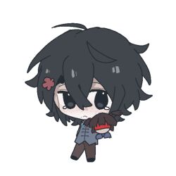 1boy :&lt; ahoge black_eyes black_hair blue_shirt brown_pants chinese_commentary closed_mouth commentary_request flower freckles fu_shun_(touqi_guaitan) hair_between_eyes hair_flower hair_ornament hand_puppet jaggy_lines male_focus milander mole mole_under_mouth pants puppet shirt short_hair simple_background solo tearing_up touqi_guaitan white_background