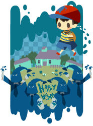 Rule 34 | 1boy, 4others, art brush, black eyes, blue flower, blue hood, blue robe, blue shorts, blush stickers, border, brown bag, bucket, checkered background, english text, fence, flower, hitofutarai, holding, holding bucket, holding paintbrush, house, male focus, mother (game), mother 2, multiple others, ness (mother 2), nintendo, outdoors, paint can, paint on clothes, paint splatter, paintbrush, picket fence, red footwear, red headwear, robe, shirt, shorts, socks, solid oval eyes, striped clothes, striped shirt, tree, walking, white border, white socks, wooden fence