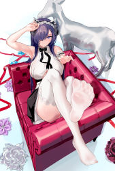 Rule 34 | 1girl, apron, armpits, august von parseval (azur lane), august von parseval (the conquered unhulde) (azur lane), azur lane, black horns, breasts, crotch seam, doll, dragon horns, feet, haikeiyu, hair over one eye, highres, horns, large breasts, looking at viewer, maid, maid apron, maid headdress, official alternate costume, one eye covered, outstretched arm, outstretched leg, panties, purple eyes, purple hair, sitting, sleeveless, soles, thick thighs, thighhighs, thighs, underwear, white panties, white thighhighs