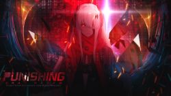 Rule 34 | ao-ryn, dog tags, glass shards, hair between eyes, hair ornament, hair over one eye, looking at viewer, lucia: crimson abyss (punishing: gray raven), punishing: gray raven, red eyes, scarf, watermark, web address, white hair
