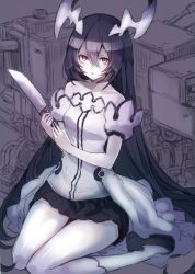 Rule 34 | 10s, 1girl, :o, abyssal ship, anchorage water oni, bare shoulders, black hair, collarbone, colored skin, detached sleeves, dress, highres, holding, holding knife, kantai collection, knife, long hair, machinery, open mouth, overskirt, red eyes, short sleeves, sitting, solo, sumisu (mondo), very long hair, wariza, white dress, white skin