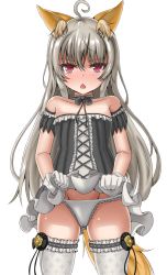 Rule 34 | 1girl, animal ears, bad id, bad pixiv id, bare shoulders, clothes lift, dog ears, dress, dress lift, elin, gloves, grey hair, groin, long hair, panties, red eyes, short dress, solo, tail, tera online, thighhighs, underwear