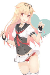 Rule 34 | 1girl, :d, akizuki (kancolle), akizuki (kancolle) (cosplay), alternate costume, blonde hair, blush, breasts, choker, collarbone, commentary request, cosplay, cosplay request, dan (kumadan), dated, gluteal fold, hair flaps, hair ornament, hair ribbon, hairclip, highres, kantai collection, long hair, looking at viewer, medium breasts, microskirt, open mouth, panties, pantyshot, red eyes, red panties, revision, ribbon, sailor collar, short sleeves, simple background, skirt, smile, solo, standing, thigh gap, thighhighs, twitter username, underwear, white background, white thighhighs, yuudachi (kancolle), zettai ryouiki