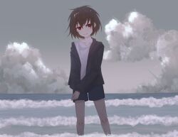 Rule 34 | 1boy, absurdres, black jacket, blue shorts, brown hair, chinese commentary, closed mouth, cloud, commentary request, grey sky, highres, hood, hood down, hooded jacket, isoi haruki, jacket, long sleeves, looking at viewer, male focus, ocean, off shoulder, open clothes, open jacket, outdoors, red eyes, saibou shinkyoku, shirt, short hair, shorts, sky, smile, solo, wading, white shirt, youli taimao