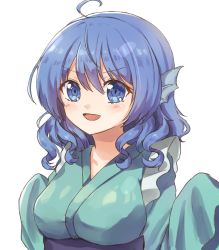 Rule 34 | &gt;:d, 1girl, :d, ahoge, bad id, bad twitter id, blue eyes, blue hair, breasts, commentary request, curly hair, eyes visible through hair, fins, frills, green kimono, hair between eyes, head fins, highres, japanese clothes, kimono, large breasts, looking at viewer, obi, one-hour drawing challenge, open mouth, pudding (skymint 028), sash, simple background, sleeves past fingers, sleeves past wrists, smile, solo, touhou, upper body, v-neck, v-shaped eyebrows, wakasagihime, white background