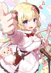 Rule 34 | 1girl, ahoge, arm up, belt pouch, blonde hair, bow, bowtie, brooch, detached sleeves, dress, fur-trimmed dress, fur-trimmed sleeves, fur trim, hair ornament, hairclip, harp, highres, holding harp, hololive, horns, instrument, jewelry, kuwaefuru, long hair, looking at viewer, microphone, open mouth, pouch, purple eyes, red bow, red bowtie, ribbed sleeves, sheep girl, sheep horns, short dress, tsunomaki watame, tsunomaki watame (1st costume), underbust, virtual youtuber, watamate, white dress
