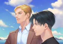 Rule 34 | 2boys, bird, black hair, black shirt, blonde hair, blue eyes, brown coat, closed mouth, cloud, cloudy sky, coat, collared shirt, dress shirt, erwin smith, grey eyes, hashtag-only commentary, lapels, layered clothes, levi (shingeki no kyojin), light smile, looking ahead, male focus, mole, mole under mouth, mountain, mountainous horizon, multiple boys, open collar, open mouth, parted lips, rororei zhu, shingeki no kyojin, shirt, sky, teeth, thick eyebrows, undershirt, water, white bird, white shirt