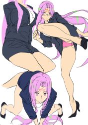 Rule 34 | 1girl, ashiomi masato, breasts, closed mouth, facial mark, fate/grand order, fate/stay night, fate (series), forehead mark, formal, glasses, legs, long hair, looking at viewer, medusa (fate), medusa (rider) (fate), office lady, panties, pink panties, purple eyes, purple hair, simple background, skirt, solo, suit, underwear, very long hair, white background