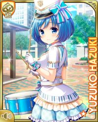 Rule 34 | 1girl, blue eyes, blue hair, bow, card, character name, closed mouth, day, drum, drumsticks, girlfriend (kari), hat, hazuki yuzuko, instrument, marching band, official art, outdoors, qp:flapper, shirt, shoes, short hair, skirt, smile, solo, standing, striped, striped bow, tagme, thighhighs, white bow, white footwear, white hat, white shirt, white skirt