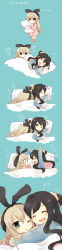 Rule 34 | +++, ^^^, 10s, 2girls, :d, ^ ^, alternate costume, black hair, blonde hair, blush, closed eyes, fang, hairband, highres, holding, holding pillow, hug, hug from behind, kantai collection, long hair, long image, long sleeves, multiple girls, naganami (kancolle), nagasioo, one eye closed, open mouth, pajamas, pillow, shimakaze (kancolle), sleeping, smile, tall image, tears, translation request, under covers, wavy mouth