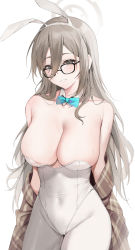 Rule 34 | 1girl, akane (blue archive), akane (bunny) (blue archive), animal ears, bare shoulders, blue archive, blue bow, blue bowtie, bow, bowtie, breasts, brown hair, cleavage, collarbone, cowboy shot, detached collar, fake animal ears, glasses, hair between eyes, hairband, highres, large breasts, leotard, long hair, looking at viewer, pantyhose, playboy bunny, rabbit ears, solo, strapless, strapless leotard, sweat, white background, white leotard, yamiiv