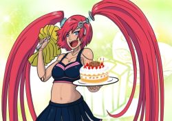 Rule 34 | 10s, android, anndroid, blue eyes, breasts, cake, candle, cardfight!! vanguard, cheer girl tiara, cheerleader, cleavage, cybernetic, food, icing, lowres, midriff, miniskirt, pom pom (cheerleading), red hair, science fiction, skirt, spike brothers, tank top, twintails