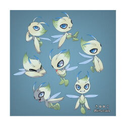 Rule 34 | 1other, antennae, artist name, blue background, blue eyes, border, celebi, closed eyes, closed mouth, colored skin, constricted pupils, creatures (company), eating, fairy wings, fangs, floating, food, from side, fruit, full body, game freak, gen 2 pokemon, green skin, grin, hand on own stomach, hand to own mouth, hand up, hands up, happy, highres, holding, holding food, holding fruit, kinunuko, legendary pokemon, looking up, multicolored skin, multiple views, mythical pokemon, nintendo, open mouth, other focus, pokemon, pokemon (creature), simple background, sleeping, smile, straight-on, teeth, thinking, tongue, tongue out, twitter username, two-tone skin, u u, watermark, white border, wings