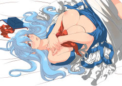 Rule 34 | 1girl, bare shoulders, bed sheet, blue hair, blush, breasts, colored eyelashes, dress, eyelashes, female focus, hand on another&#039;s chest, own hands clasped, hands on own chest, hat, unworn hat, unworn headwear, kamishirasawa keine, large breasts, long hair, looking up, lying, on back, own hands together, solo, touhou, undressing, yumiya
