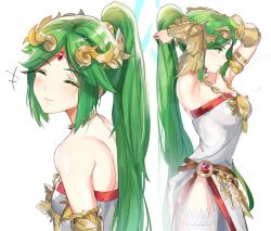 Rule 34 | 1girl, adjusting hair, alternate hairstyle, ancient greek clothes, arm at side, armlet, armpits, arms up, back, bare back, bare shoulders, blush, bracer, breasts, chiton, circlet, closed eyes, closed mouth, dress, female focus, from side, green eyes, green hair, hair ornament, headpiece, high ponytail, highres, jewelry, kid icarus, kid icarus uprising, lips, long hair, looking down, medium breasts, multiple views, neck, neck ring, necklace, nintendo, ormille, palutena, parted bangs, ponytail, serious, side slit, simple background, smile, standing, strapless, strapless dress, thighhighs, upper body, very long hair, white background, white dress, white thighhighs