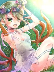 Rule 34 | 1girl, blonde hair, bracelet, breath of fire, breath of fire v, dress, facial mark, flower, forehead mark, full-body tattoo, grass, green eyes, hair flower, hair ornament, hair over one eye, hamamuraacca, highres, jewelry, looking at viewer, nina (breath of fire v), open mouth, red wings, see-through, short hair, sitting, smile, solo, tattoo, white dress, wings
