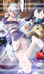 Rule 34 | 1girl, :p, absurdres, controller, feet, game controller, headphones, highres, jndfh, long hair, looking at viewer, looking back, lying, on stomach, pantyhose, purple eyes, soles, toes, tongue, tongue out, white hair, white pantyhose