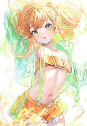 Rule 34 | 1girl, belt bra, blush, breasts, collarbone, cowboy shot, earrings, green eyes, green jacket, hair ornament, hairclip, highres, jacket, jewelry, long hair, navel, open clothes, open jacket, open mouth, orange hair, orange shorts, original, ouri (aya pine), short shorts, shorts, small breasts, solo, underboob