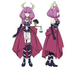 Rule 34 | 1girl, aura (sousou no frieren), balance scale, black footwear, black gloves, boots, braid, character sheet, clothing cutout, demon girl, demon horns, elbow gloves, from side, full body, gloves, gold necklace, holding scale, horns, jewelry, long hair, navel cutout, necklace, official art, pleated skirt, profile, purple hair, quad braids, skirt, smile, sousou no frieren, straight-on, thigh boots, transparent background, weighing scale, white skirt