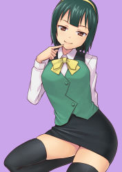 Rule 34 | 1girl, black thighhighs, bow, brown eyes, finger to mouth, green hair, hairband, hashi, idolmaster, idolmaster (classic), kneeling, mole, mole under mouth, otonashi kotori, pencil skirt, purple background, short hair, simple background, skirt, smile, solo, thighhighs