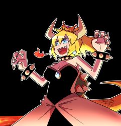 Rule 34 | 1girl, :d, aqua eyes, armpits, bare arms, bare shoulders, black background, black collar, black dress, blonde hair, borrowed design, bowsette, bracelet, breasts, breath weapon, breathing fire, claw pose, cleavage, collar, collarbone, crown, dress, earrings, eyelashes, fingernails, fire, hands up, horns, jewelry, large breasts, long fingernails, long hair, mario (series), new super mario bros. u deluxe, nintendo, open mouth, outline, parted bangs, ponytail, rodney (melagal), scales, sharp fingernails, sharp teeth, simple background, slit pupils, smile, solo, spiked bracelet, spiked collar, spikes, strapless, strapless dress, super crown, tail, teeth, turtle shell, upper teeth only, v-shaped eyebrows, white outline