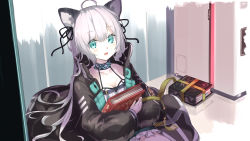 Rule 34 | 1girl, :d, ahoge, animal ears, aqua eyes, arknights, black coat, black hair, black ribbon, blush, book, breasts, cat ears, cleavage, coat, collar, collarbone, commentary request, dress, frilled dress, frills, hair ribbon, hellnyaa, highres, holding, holding book, indoors, long hair, long sleeves, looking at viewer, mint (arknights), open clothes, open coat, open mouth, ribbon, silver hair, small breasts, smile, solo, white dress