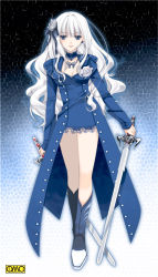 Rule 34 | 1girl, blue eyes, dual wielding, holding, kirino kasumu, long hair, omc, original, solo, sword, wavy hair, weapon, white hair