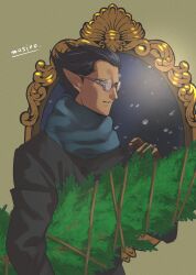 Rule 34 | 1boy, artist name, black hair, black jacket, blue scarf, brown gloves, buttons, christmas, commentary request, demiurge, from side, glasses, gloves, holding christmas tree, jacket, male focus, masiro, mirror, overlord (maruyama), parted lips, pointy ears, rope, round eyewear, scarf, short hair, simple background, solo, upper body, yellow background