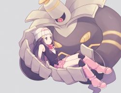 Rule 34 | 1girl, bare arms, beanie, boots, carrying, closed mouth, commentary request, creatures (company), dawn (pokemon), dusknoir, eyelashes, game freak, gen 4 pokemon, grey background, grey eyes, hair ornament, hairclip, hat, highres, knees, komasawa (fmn-ppp), long hair, nintendo, over-kneehighs, pink footwear, pokemon, pokemon (creature), pokemon dppt, scarf, sidelocks, simple background, thighhighs, white headwear