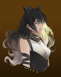 Rule 34 | 1girl, artist name, black hair, blake belladonna, bow, brown background, dated, dy (372127010), hair bow, long hair, rwby, scarf, simple background, solo, string, string of fate, upper body, yellow eyes