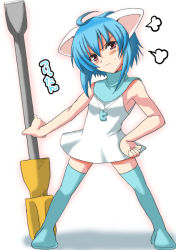 Rule 34 | 1girl, angry, animal ears, aqua hair, cat ears, fume, hand on own hip, hip focus, oversized object, screwdriver, solo, thighhighs, twit-tan, twitter, yasakani an