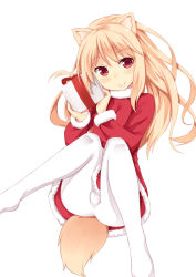 Rule 34 | 1girl, animal ears, ass, binsen, blonde hair, closed mouth, eyebrows, gift, holding, holding gift, long hair, long sleeves, looking at viewer, no shoes, original, pantyhose, red eyes, santa costume, simple background, smile, solo, tail, white background, white pantyhose