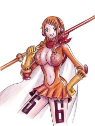 Rule 34 | 1girl, bare shoulders, breasts, brown eyes, cleavage, cleavage cut, cleavage cutout, clothing cutout, dress, highres, huge breasts, large breasts, long hair, looking at viewer, nami (one piece), one piece, open mouth, orange hair, red dress, smile, solo, tattoo