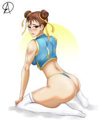 Rule 34 | 1girl, absurdres, almualim, ass, back, breasts, butt crack, capcom, chun-li, feet, from behind, highres, kneeling, legs, self-upload, sideboob, solo, street fighter, thighhighs, thighs, underwear, white thighhighs