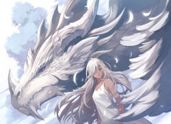 1girl bandaid bandaid_on_face blue_eyes dark-skinned_female dark_skin dragon dress fantasy feathers from_side horns long_hair looking_at_viewer original parted_lips saeldam western_dragon white_background white_dress white_hair white_theme wind