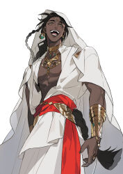 Rule 34 | 1boy, abs, absurdres, arms at sides, black hair, blunt ends, bracelet, braid, braided ponytail, brown nails, circlet, cloak, cowboy shot, dark-skinned male, dark skin, earrings, elrohirz, fangs, from below, green pupils, highres, hood, hooded cloak, jewelry, laughing, lip piercing, long hair, looking at viewer, looking down, male focus, multiple braids, necklace, open clothes, open mouth, original, piercing, robe, sailor collar, simple background, solo, very long hair, white background, white cloak, white robe, yellow eyes