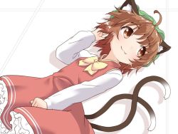 Rule 34 | 1girl, :3, animal ears, brown eyes, brown hair, cat ears, cat tail, chen, dress, frilled dress, frills, hat, multiple tails, natsu no koucha, nekomata, shirt, short hair, simple background, smile, solo, tail, touhou, two tails