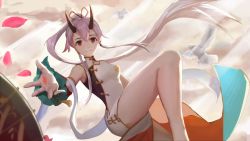 Rule 34 | 1girl, bird, breasts, china dress, chinese clothes, clear sky (20359178), commentary request, detached sleeves, dress, fate/grand order, fate (series), hair between eyes, hair ribbon, heroic spirit traveling outfit, horns, light smile, long hair, looking at viewer, oni horns, outstretched hand, petals, ponytail, red eyes, red ribbon, ribbon, side slit, silver hair, small breasts, solo, tomoe gozen (fate), tomoe gozen (traveling outfit) (fate), very long hair, white dress